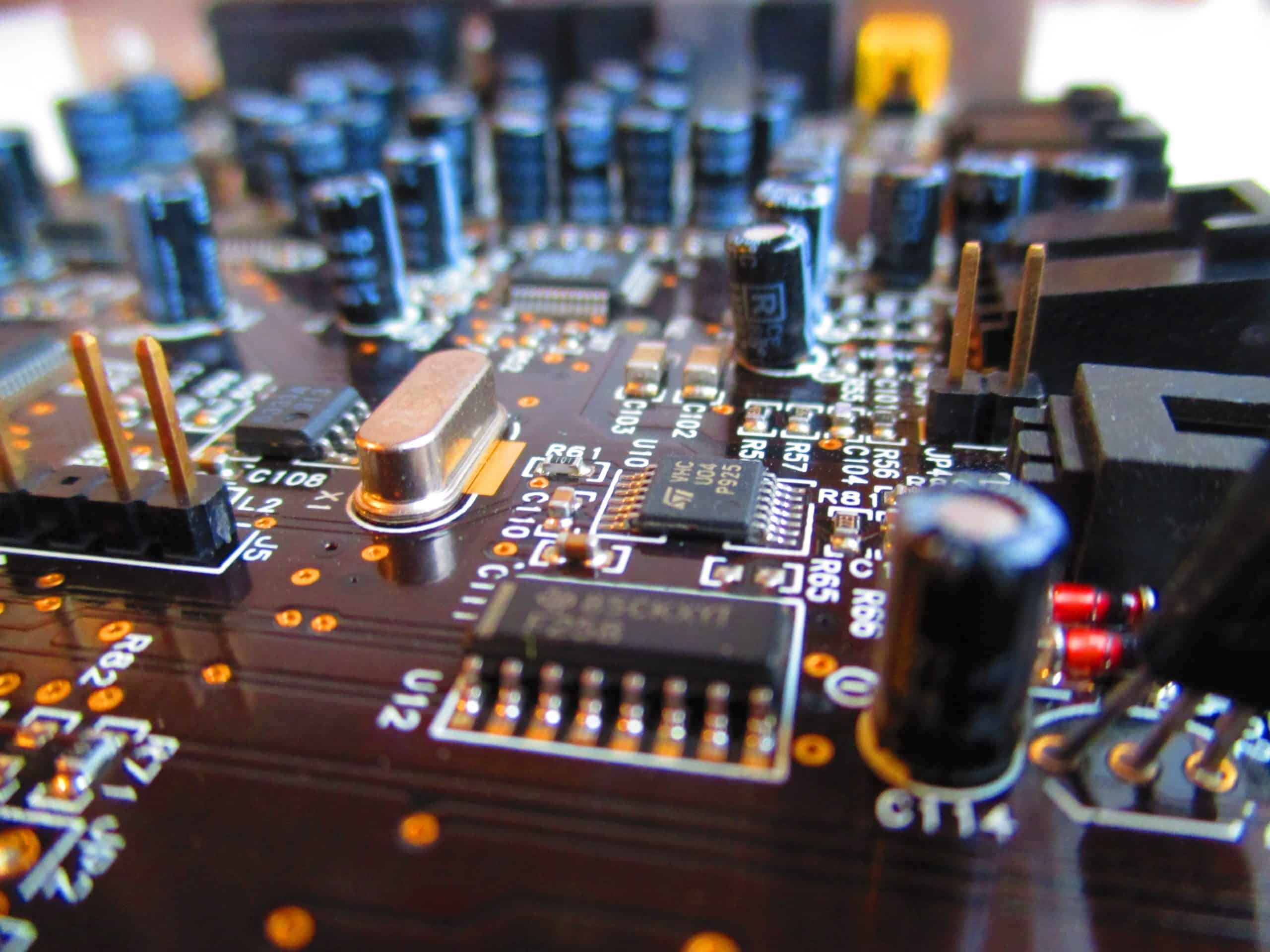 Zoomed-in view of a circuit board with various electronic components